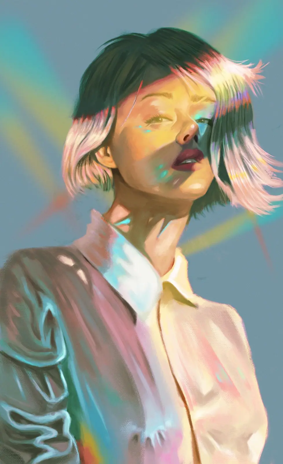 A stylized digital painting of a person with short hair, wearing a collared shirt, looking upward with a serene expression…