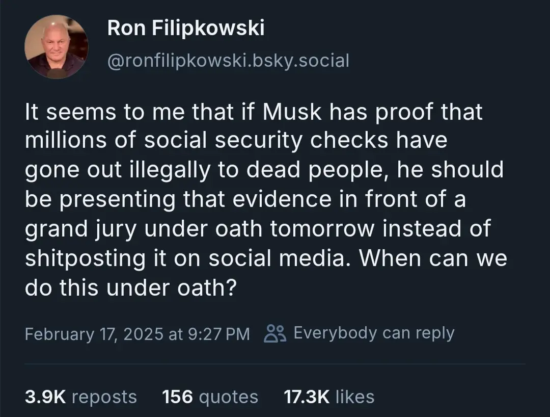 A screenshot of a social media post by Ron Filipkowski, who is asking why Elon Musk isn't presenting alleged evidence about…