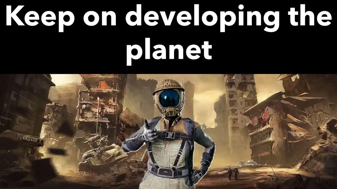 A person in a futuristic astronaut suit stands confidently in a ruined, post-apocalyptic cityscape with crumbling buildings…