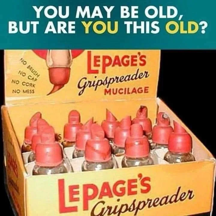 A vintage box of Lepage's Gripspreader Mucilage, an old-fashioned adhesive, is shown with its red-capped bottles. The text…