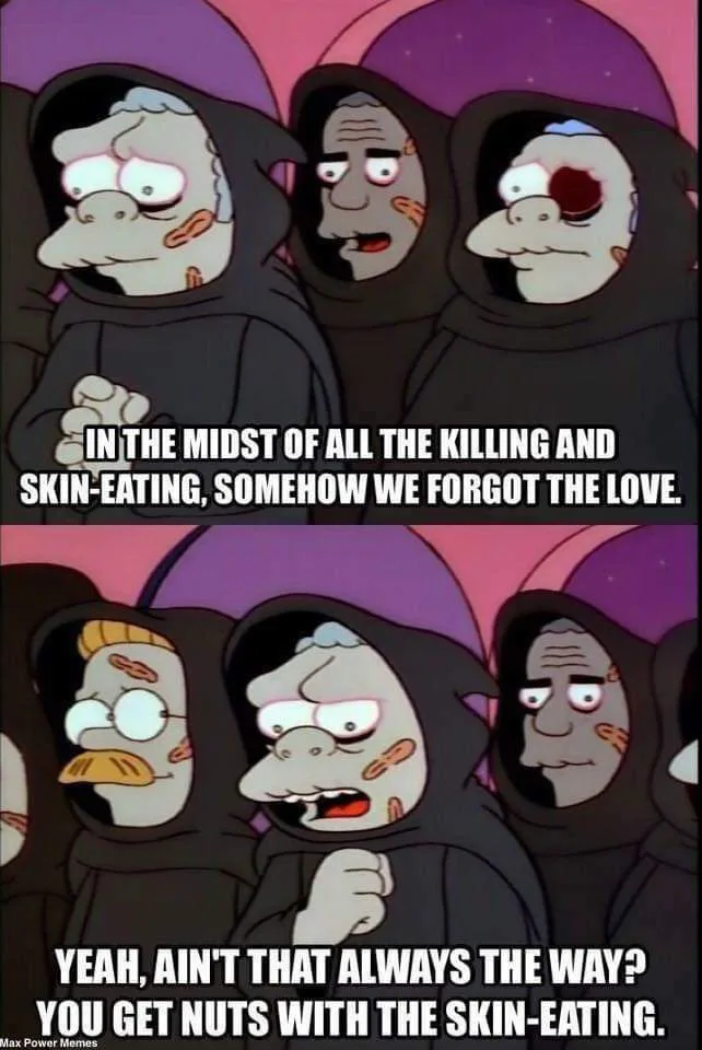 The image is a two-panel meme featuring characters from The Simpsons, specifically the ghostly, hooded figures from the…