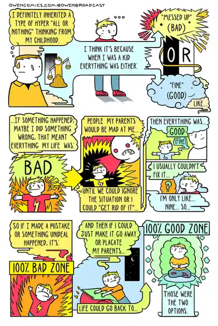 A comic strip depicts a person reflecting on their childhood mindset, where they perceived life as only two states: '100%…