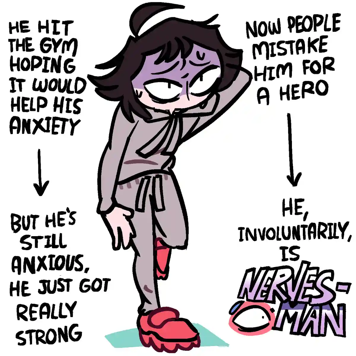 A cartoon character with purple skin and dark hair, wearing grey workout clothes and red shoes, stands on a mat looking…