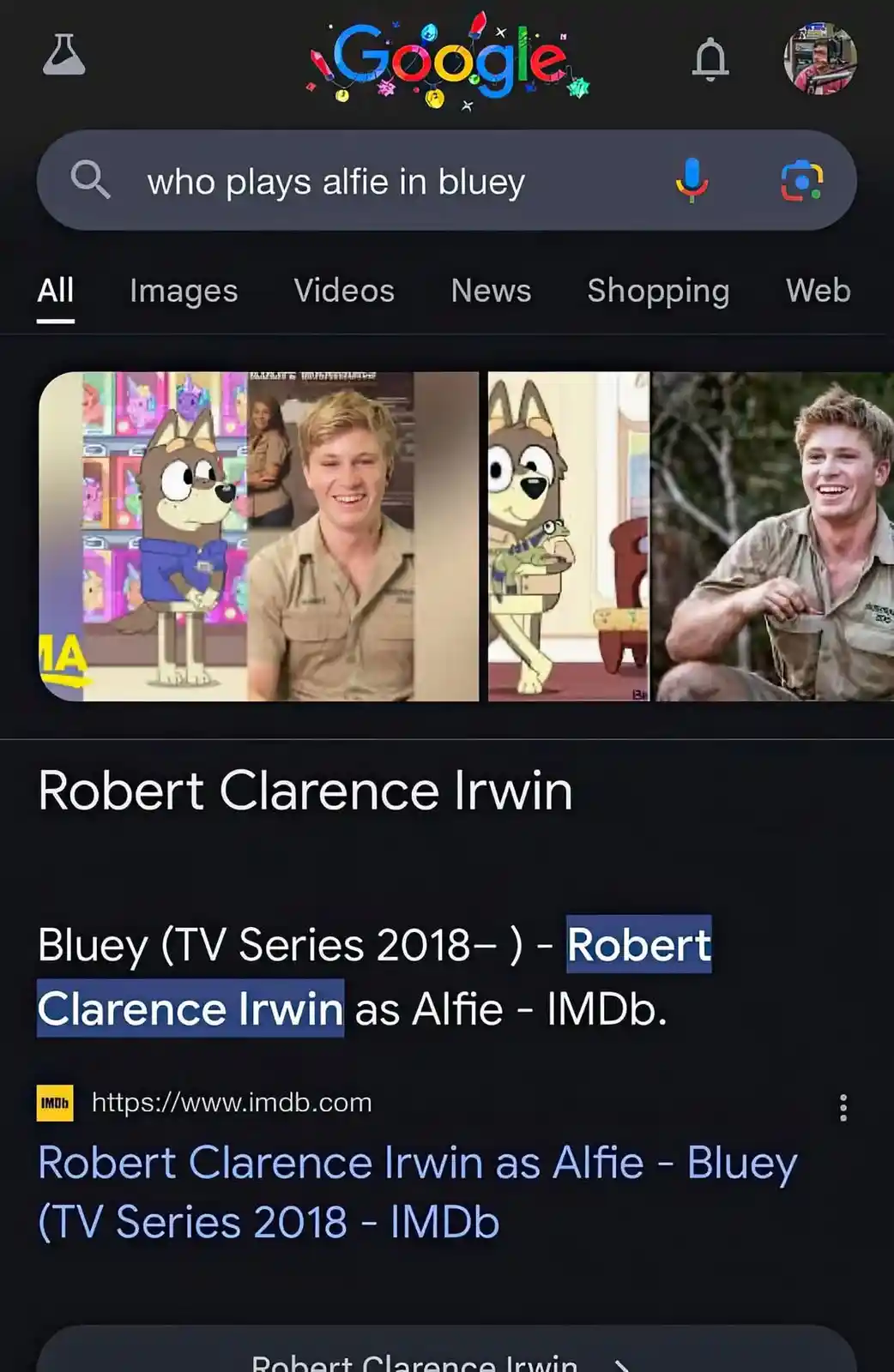 A screenshot of a Google search results page for 'who plays alfie in bluey', showing the animated character Alfie from the…