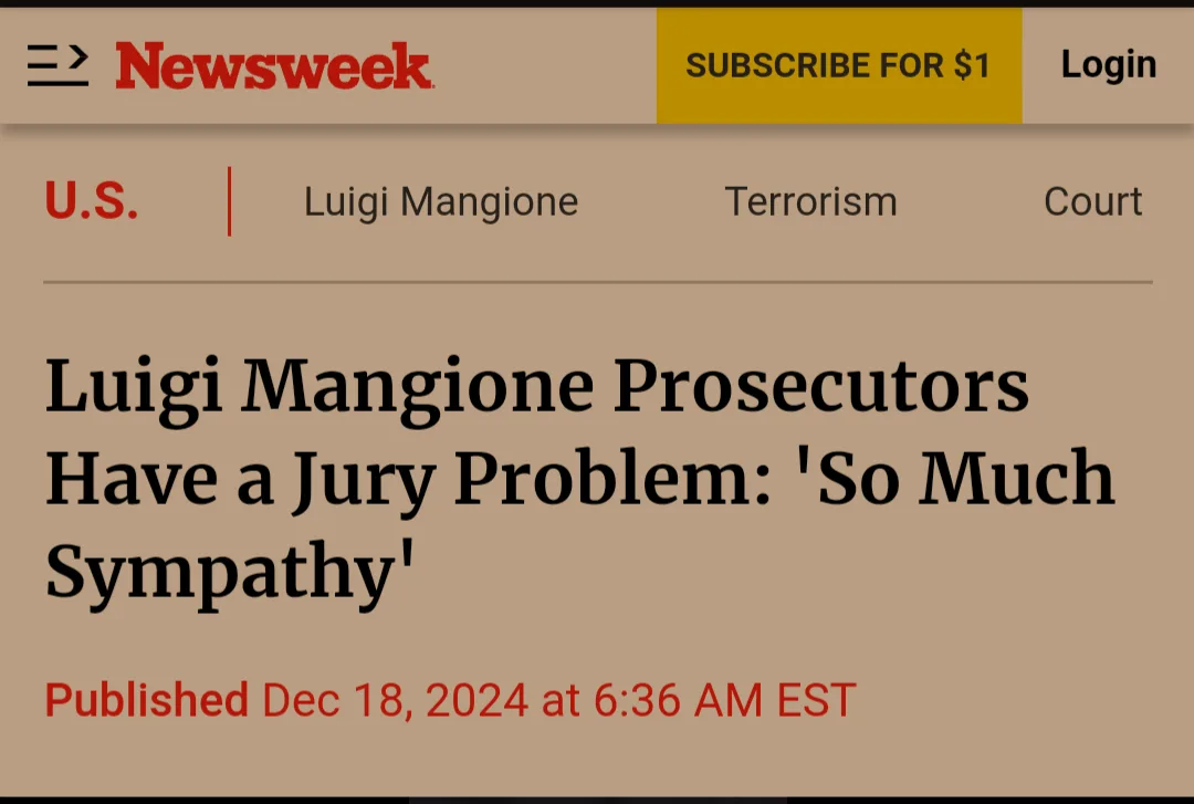 A screenshot of a Newsweek article header showing the headline 'Luigi Mangione Prosecutors Have a Jury Problem: 'So Much…