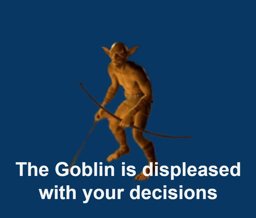 A goblin with pointed ears and a bow stands against a solid blue background. White text overlaid at the bottom reads 'The…