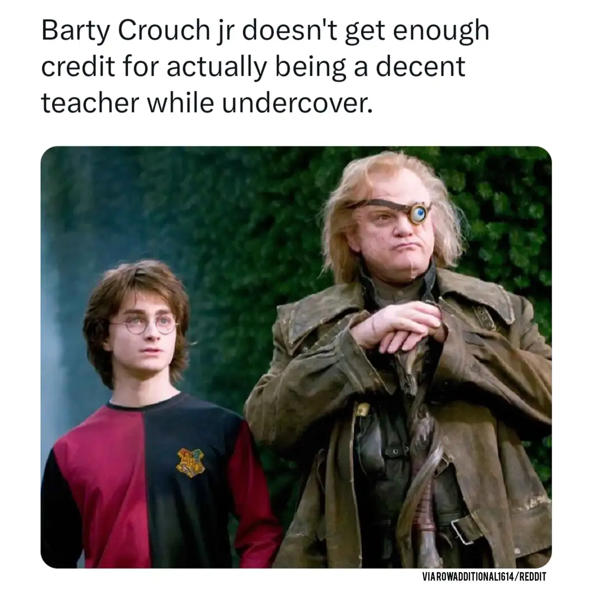 The image shows two characters from the Harry Potter films: Harry Potter in his Quidditch uniform and Barty Crouch Jr. in…