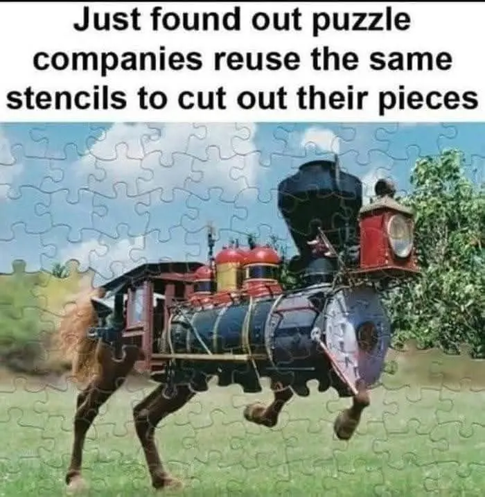 A jigsaw puzzle image shows a horse with a steam locomotive body attached to it, standing in a grassy field under a blue…