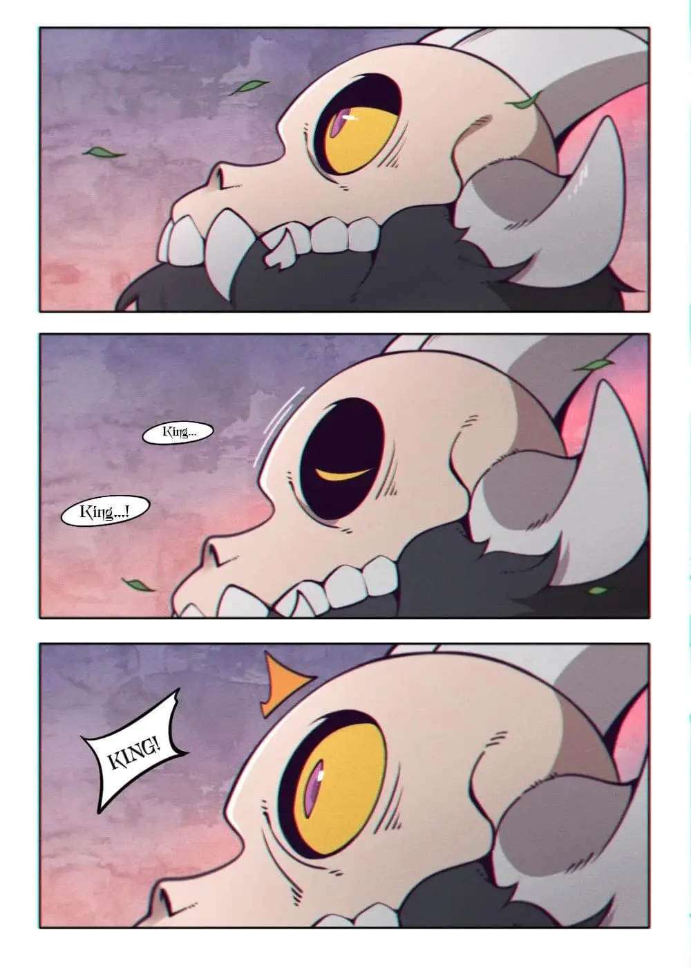 Three comic panels show a cartoon skull character with yellow eyes and grey horns. In the first panel, it looks up calmly…