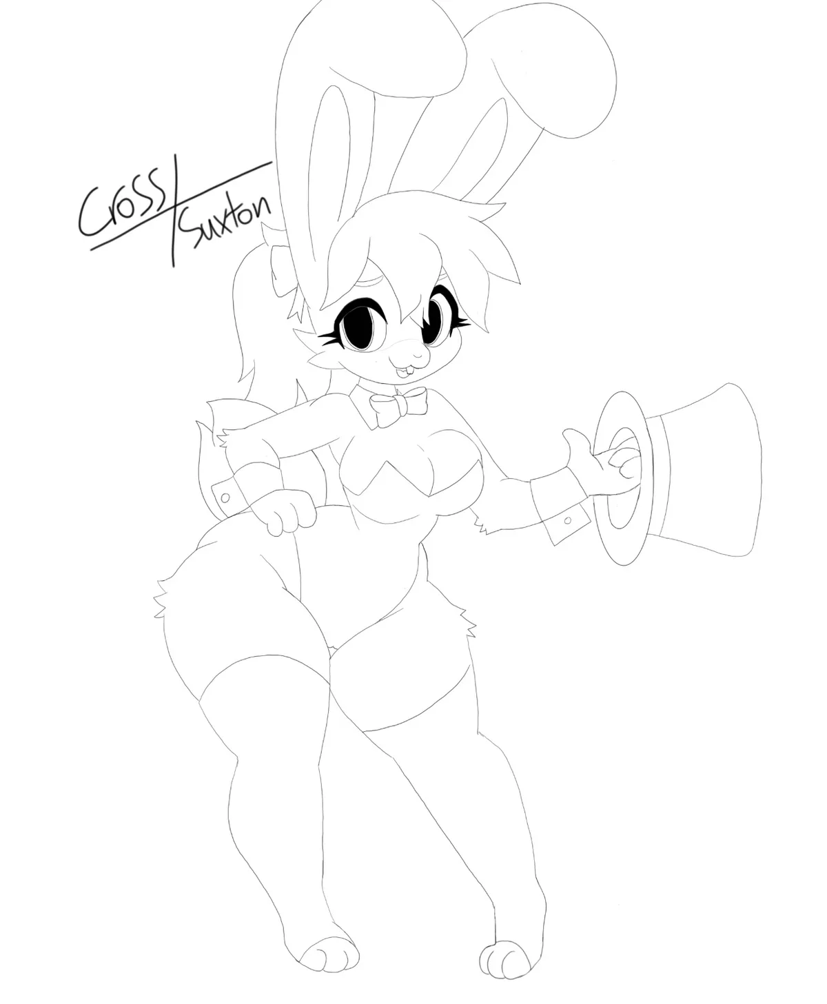 A black-and-white line art drawing of an anthropomorphic rabbit girl with large ears, wearing a bowtie and holding a top…