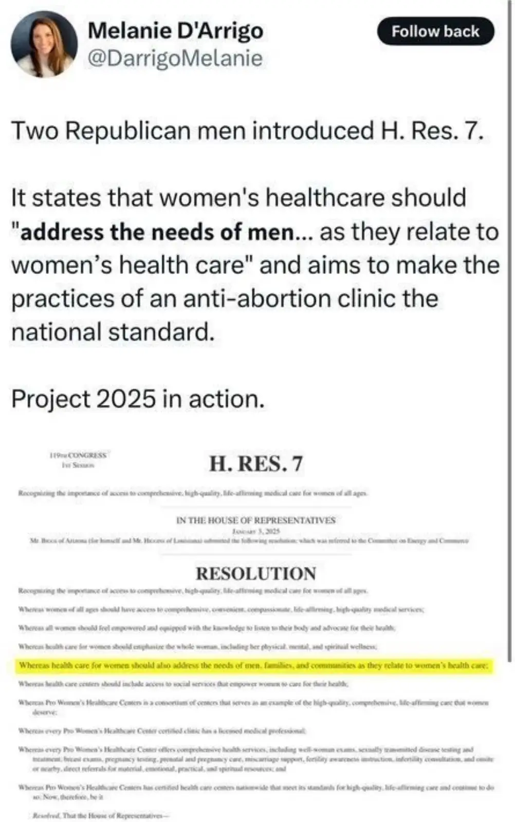 A screenshot of a tweet by Melanie D'Arrigo showing a congressional resolution (H. Res. 7) that states women's healthcare…