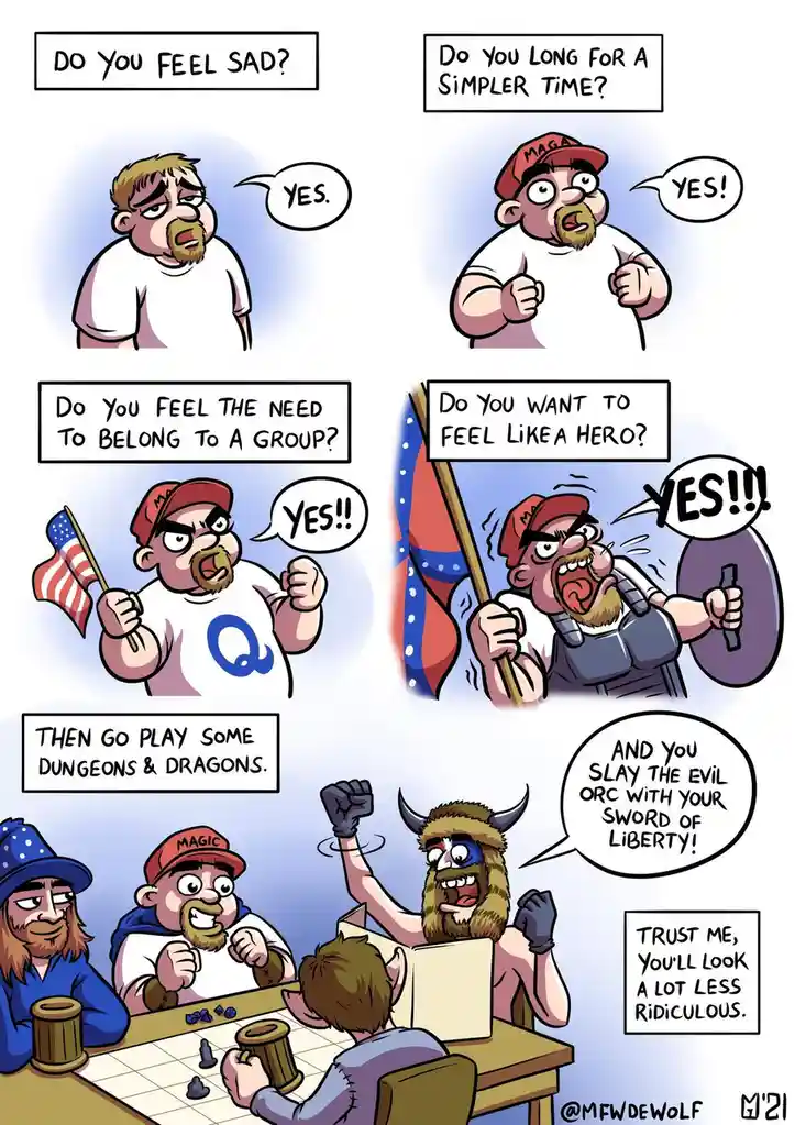 A comic strip shows a man in a MAGA hat answering yes to questions about sadness, longing for simpler times, belonging, and…