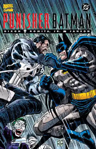 A comic book cover featuring Batman and the Punisher fighting in the rain, with the Joker laughing in the background. The…