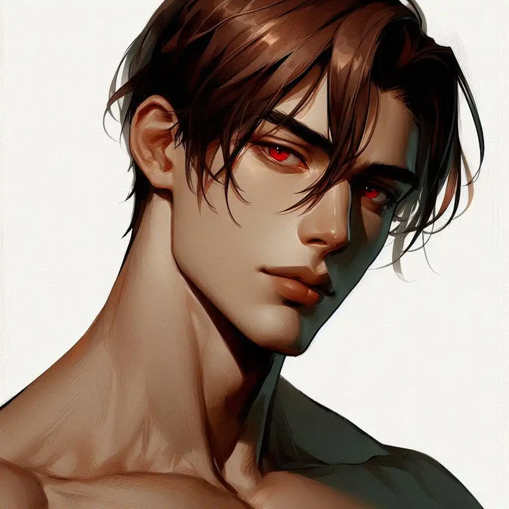 A digital illustration of a young man with brown hair and striking red eyes, looking directly at the viewer with a serious…