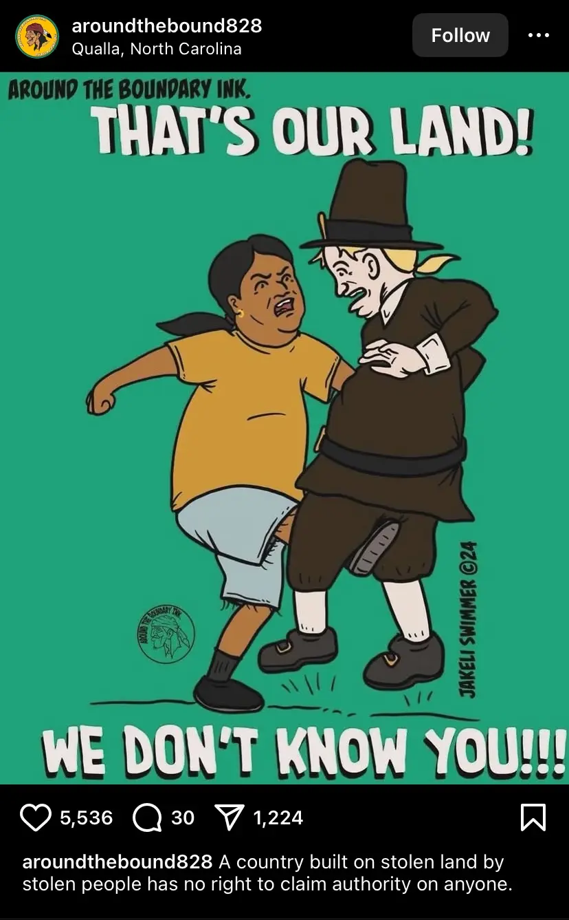 A cartoon depicts a woman in a yellow shirt and shorts angrily confronting a man in colonial-era attire, who is smiling and…