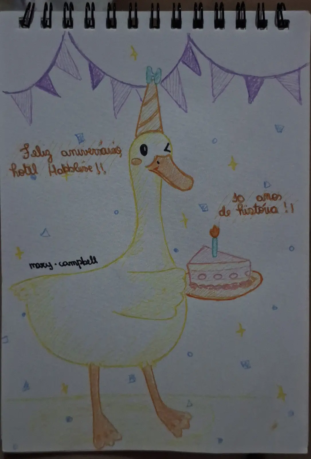 A hand-drawn illustration on spiral-bound notebook paper shows a cartoon duck wearing a party hat and holding a slice of…