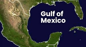 A map image showing the Gulf of Mexico labeled in white text over a dark blue sea, bordered by the United States, Mexico…