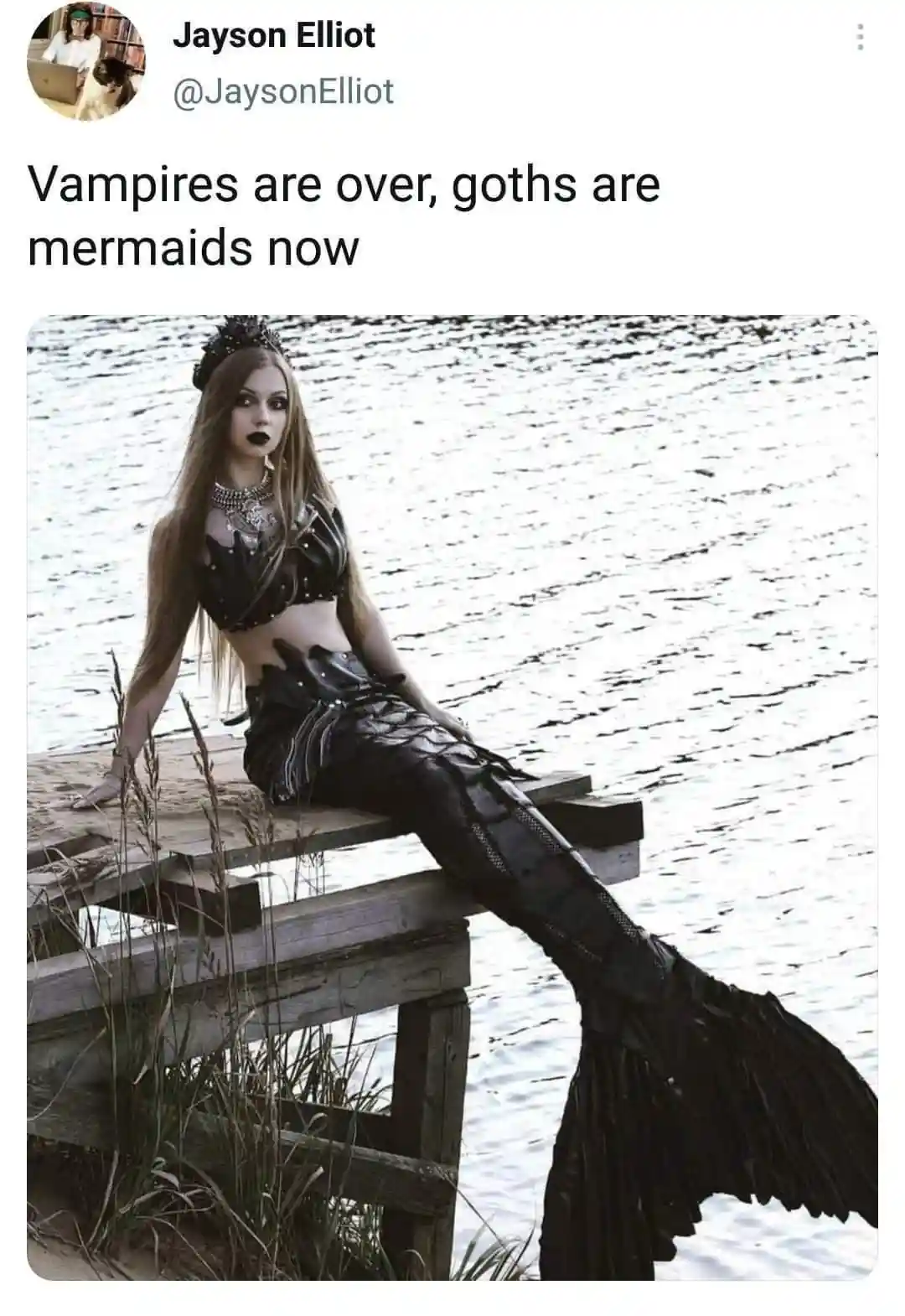 A person with long blonde hair, dark goth makeup, and a black leather-like mermaid tail sits on a wooden dock by water. They…