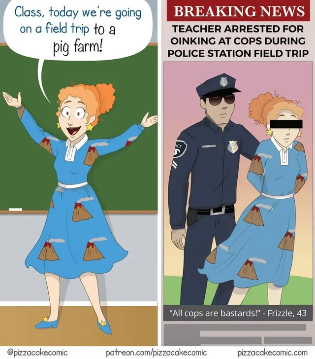 The image is a two-panel comic. The left panel shows a cheerful teacher in a blue dress with volcano patterns announcing a…