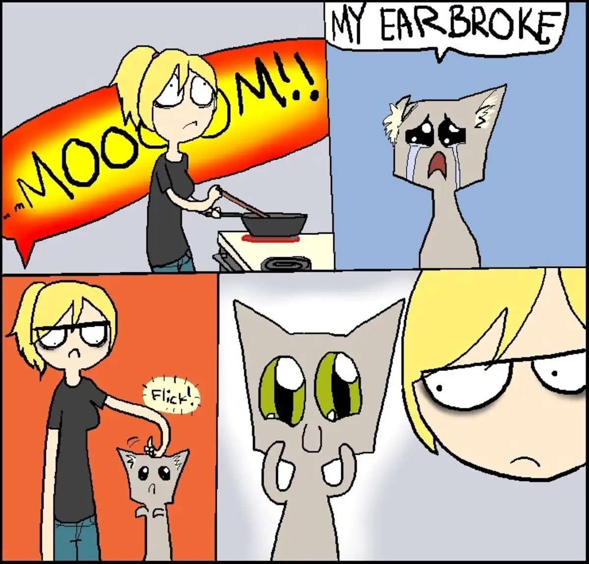 A four-panel comic shows a girl cooking with a loud 'MOO M!!' sound effect, then a cat crying with a broken ear and the text…