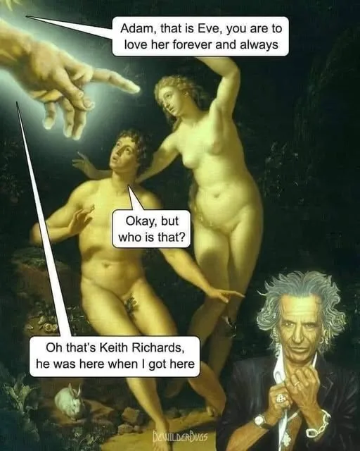 The image is a meme overlaying text on a classical painting of Adam and Eve. A divine hand points to Eve, with a speech…