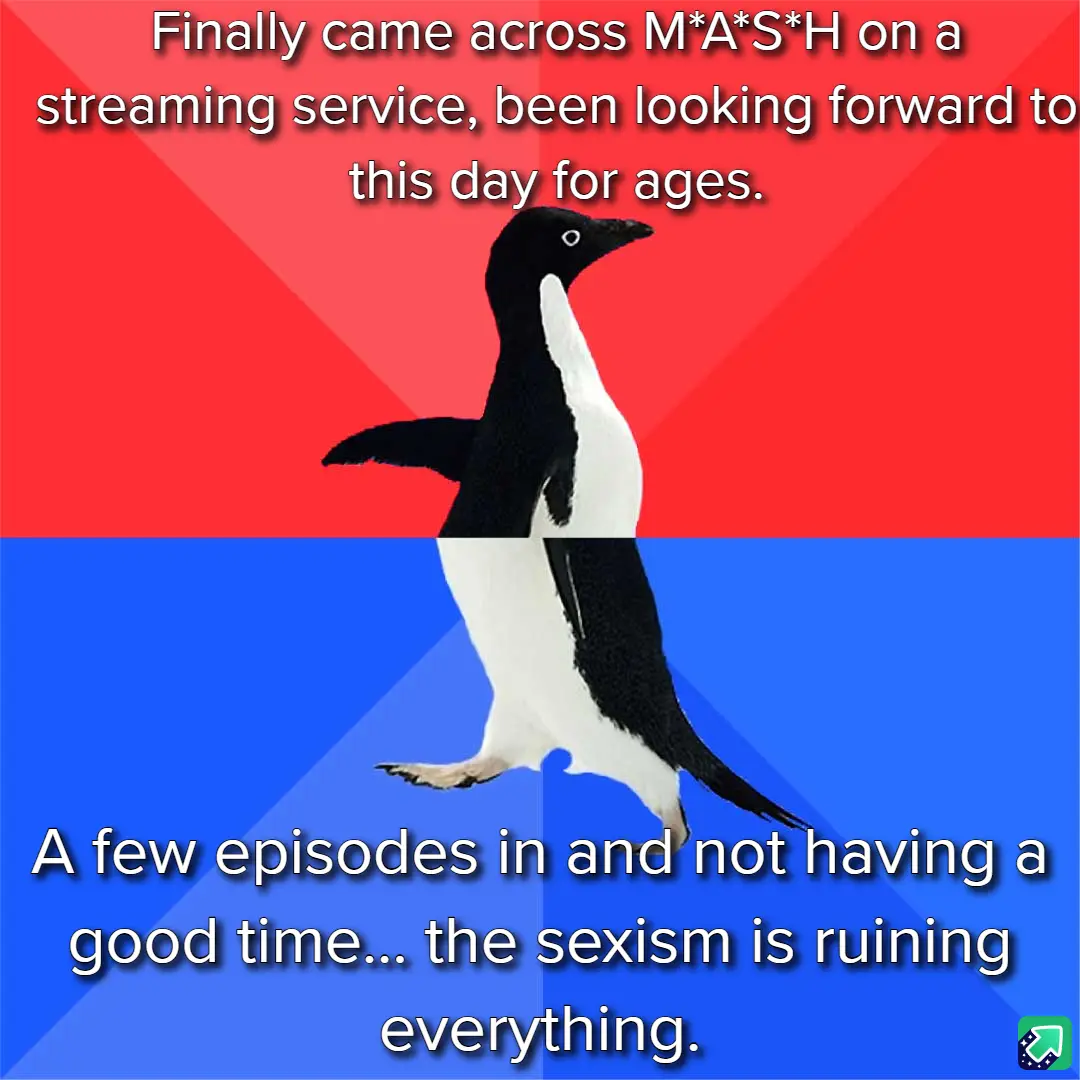 A penguin stands centered against a red and blue background, split horizontally. White text overlays the top red section and…