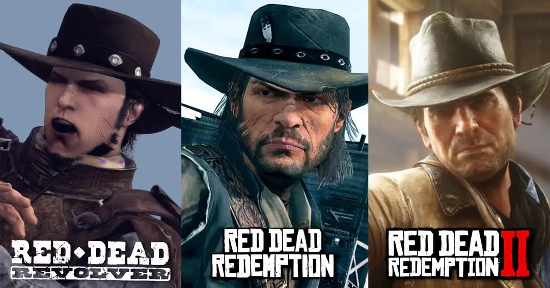 Three side-by-side character portraits from the Red Dead series: left is a shouting man in a brown hat from Red Dead…