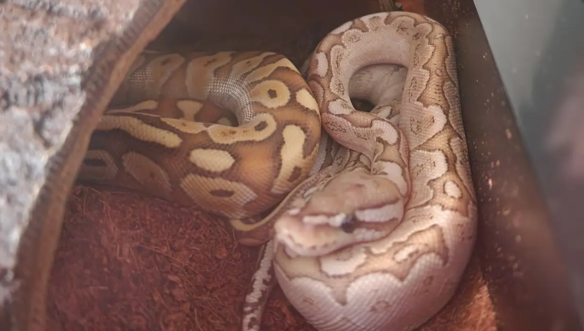 A close-up photo of a coiled ball python with brown and cream patterns resting inside a terrarium, its head slightly raised…