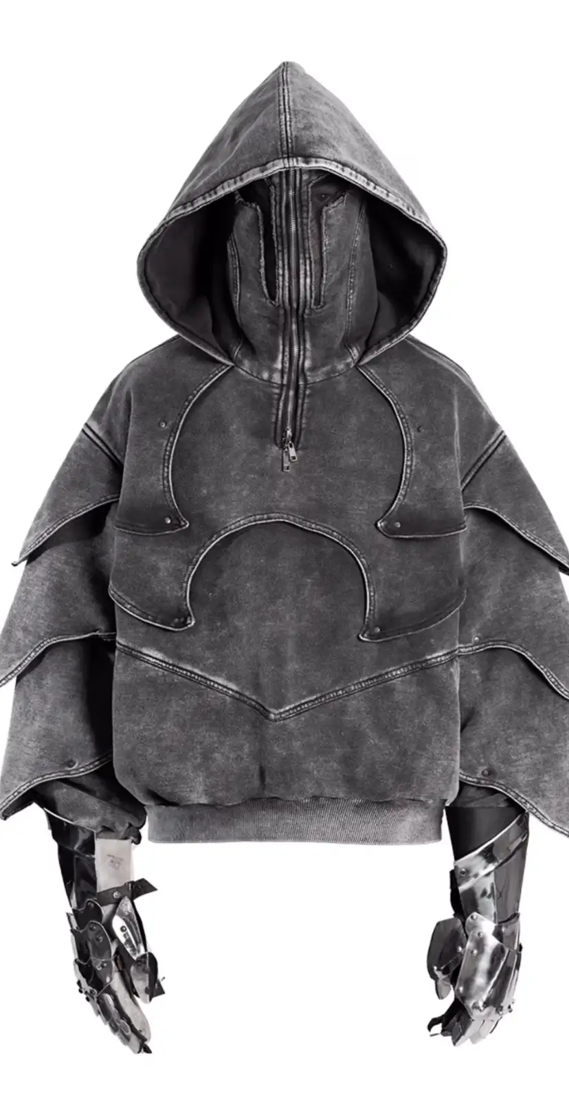 A dark gray, hooded sweatshirt with a zipper face mask and layered, armored-looking sleeves, paired with metallic…