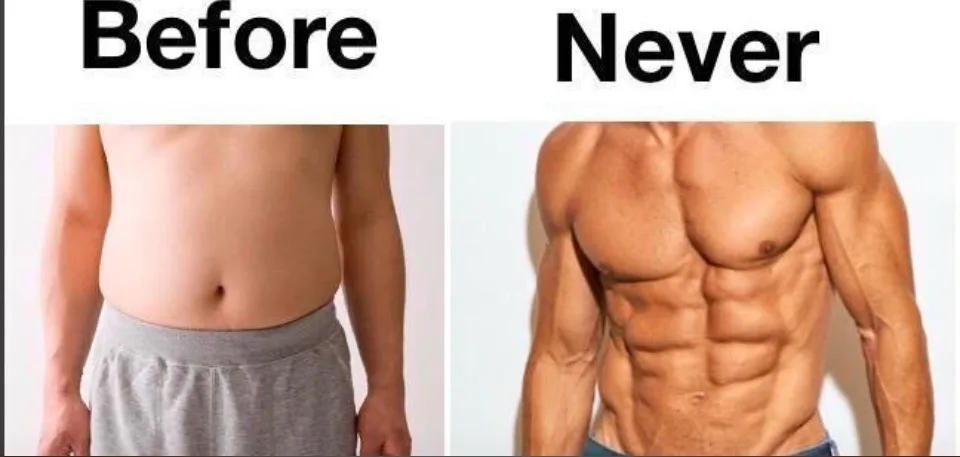 The image displays a side-by-side comparison: on the left, a person with a soft, non-toned abdomen wearing grey shorts…