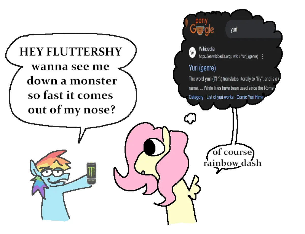 A cartoon pony with rainbow hair and glasses holds a Monster Energy can and asks Fluttershy to see him 'down a monster so…