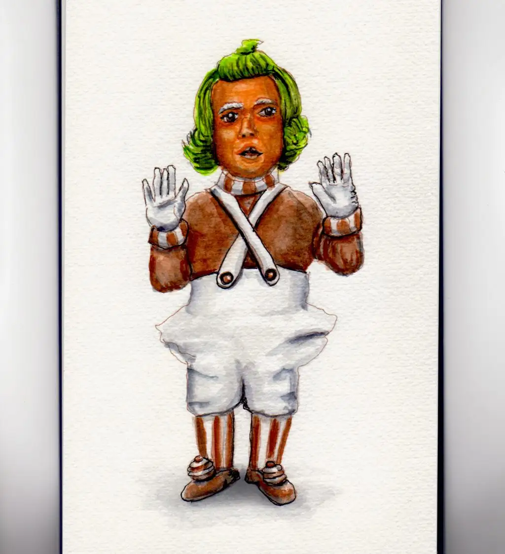 A watercolor illustration of a small child with bright green hair, wearing a brown shirt, white overalls, striped socks, and…