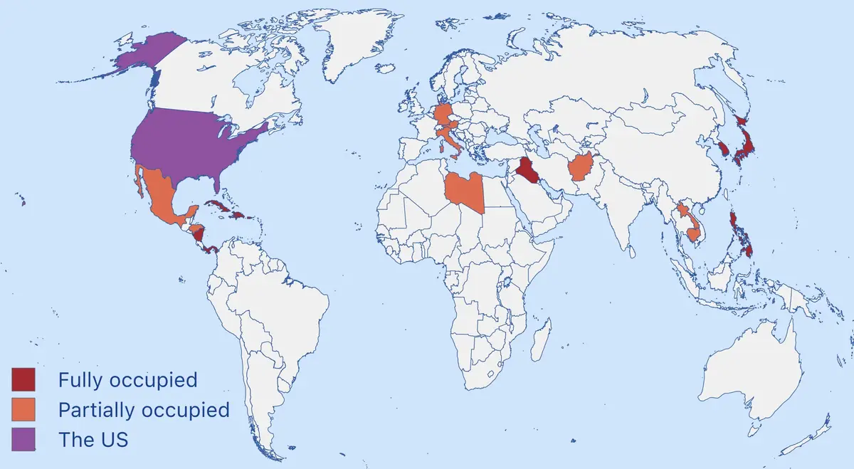 A world map with color-coded countries: the United States is shaded purple, while other nations are shaded red or orange…
