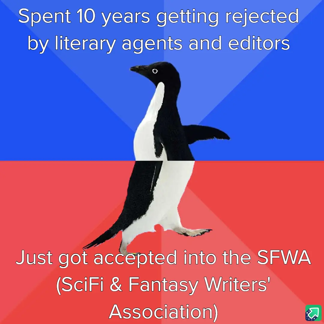 A black-and-white penguin stands centered against a split background of blue and red. White text at the top reads 'Spent 10…