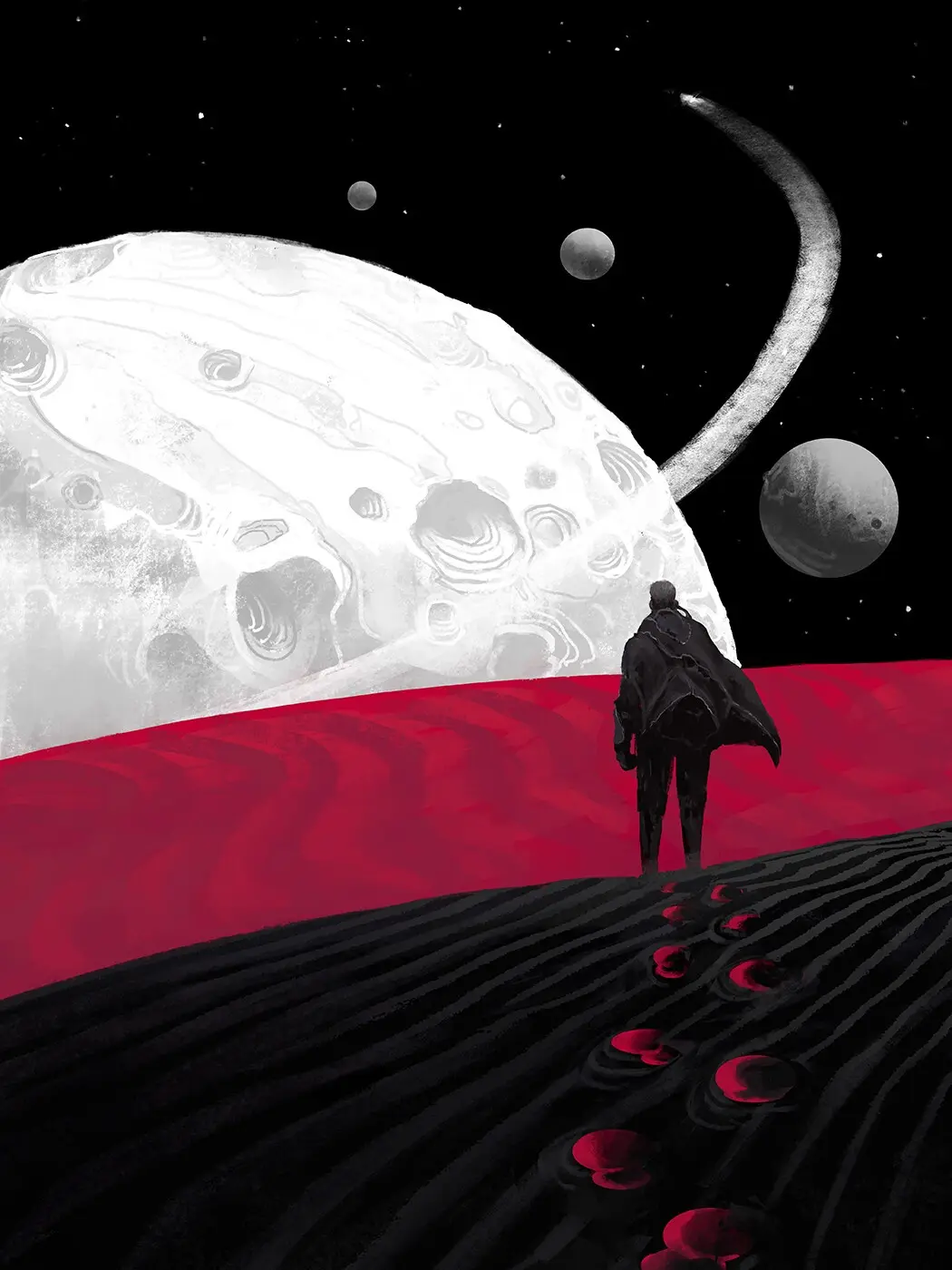 A lone figure in a dark coat stands on a black, textured hill overlooking a vast red plain, gazing at a large, cratered…