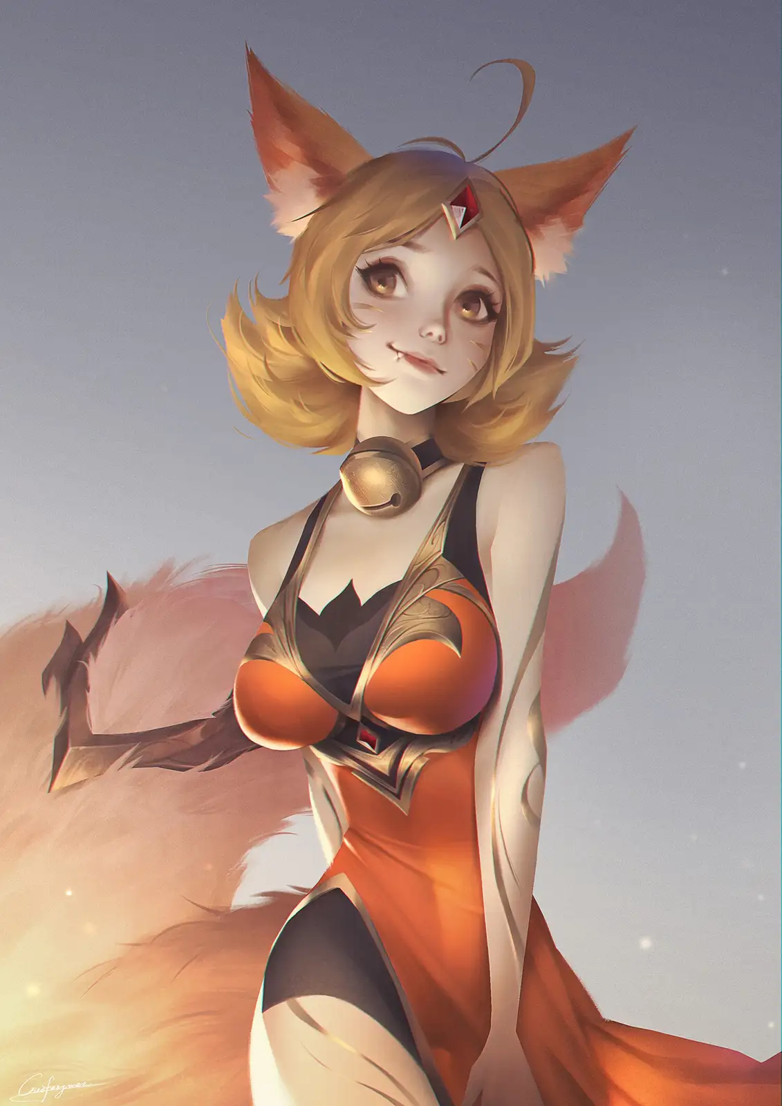 A stylized anime illustration of a female character with fox ears, a fluffy fox tail, and an orange and black outfit…