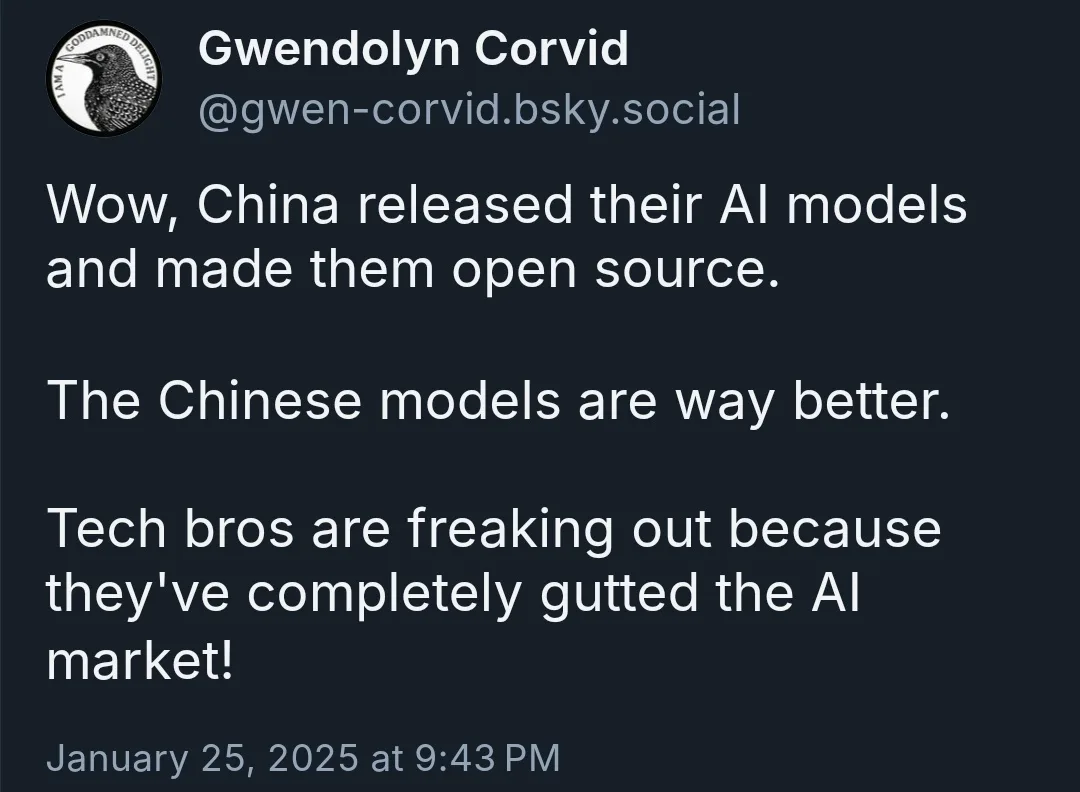 A screenshot of a social media post by 'Gwendolyn Corvid' with a bird avatar, stating that China released open-source AI…