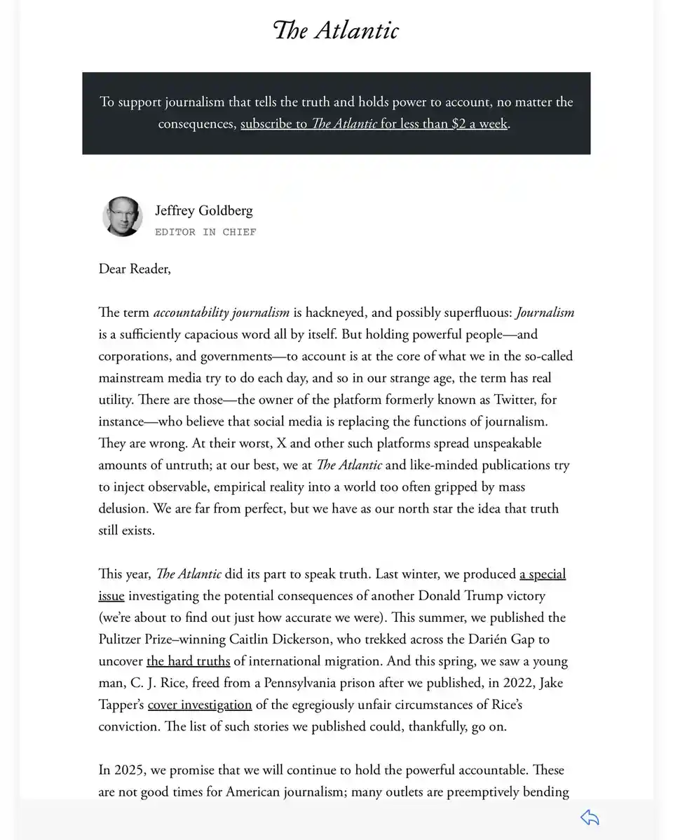 A screenshot of a letter from The Atlantic's editor-in-chief Jeffrey Goldberg, discussing the importance of accountability…