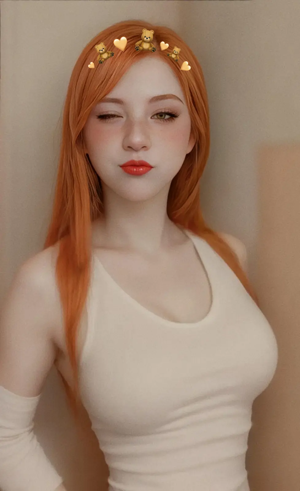 A young woman with long orange hair and red lipstick is shown in a close-up portrait, wearing a white tank top. Digital…