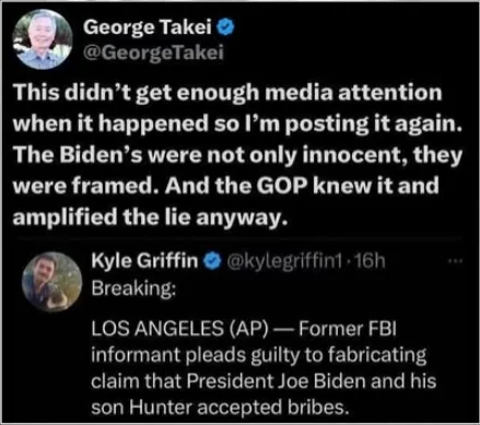 A screenshot of a Twitter thread shows George Takei reposting a tweet claiming the Bidens were framed and the GOP amplified…