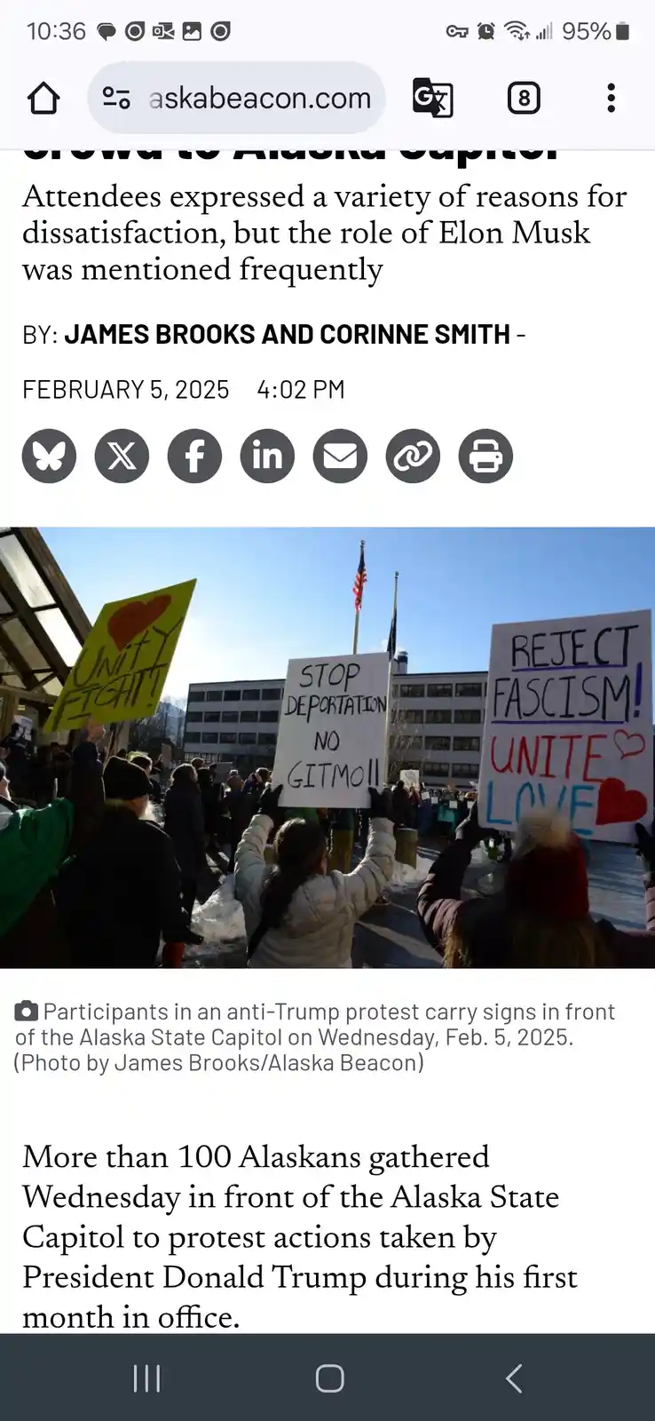 A protest photo shows demonstrators holding signs with messages like 'REJECT FASCISM! UNITE LOVE' and 'STOP DEPORTATION NO…