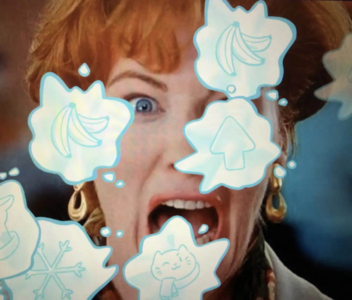 A close-up of a woman with reddish-brown hair and wide blue eyes, mouth open in a scream, overlaid with multiple light blue…