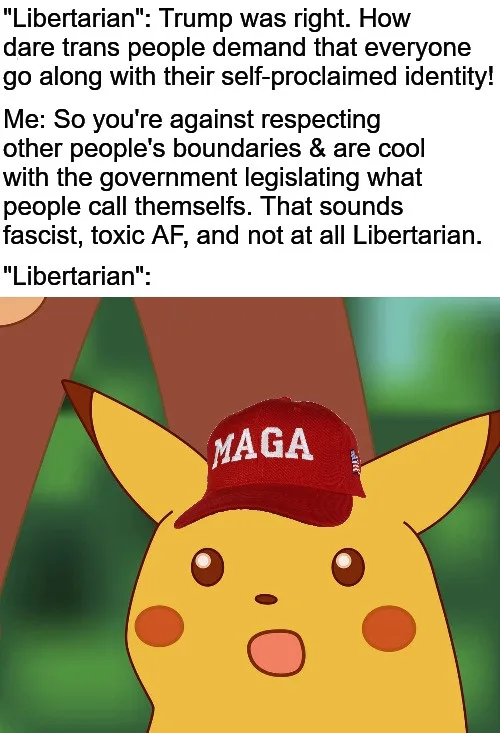 A cartoon Pikachu wearing a red MAGA baseball cap with a surprised expression. The image is overlaid with text depicting a…
