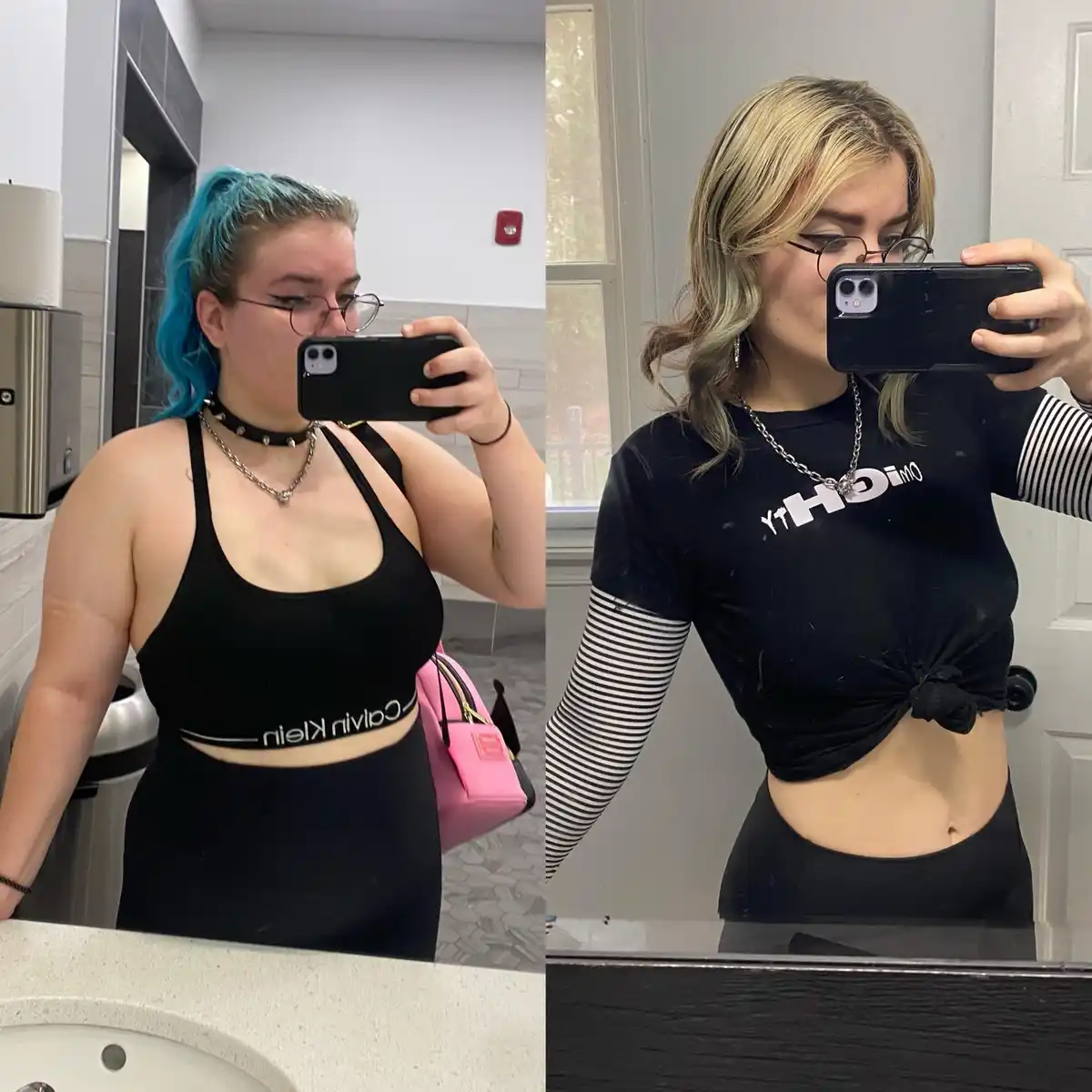 A side-by-side mirror selfie shows a woman with blue hair in a bathroom on the left, and the same woman with blonde hair in…
