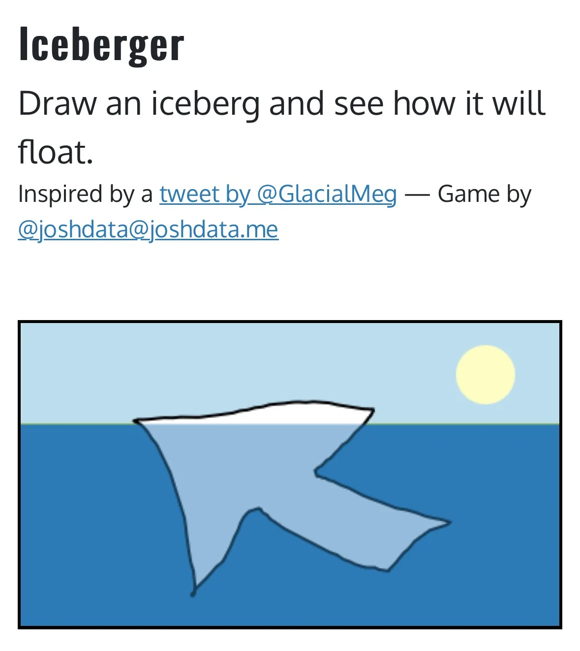 The image displays a simple, hand-drawn illustration of an iceberg floating in blue water under a light blue sky with a…