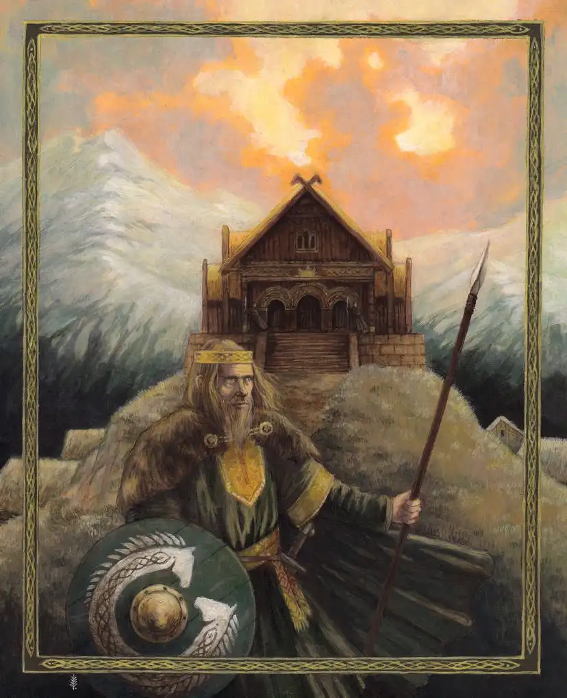 A Viking warrior with a long beard, holding a spear and shield, stands in front of a wooden house on a hill. The background…
