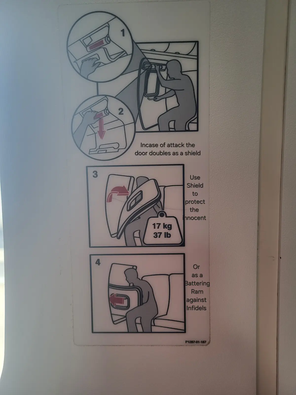 An airplane emergency instruction card shows four steps for using the door in an attack: first, pull the handle; second…