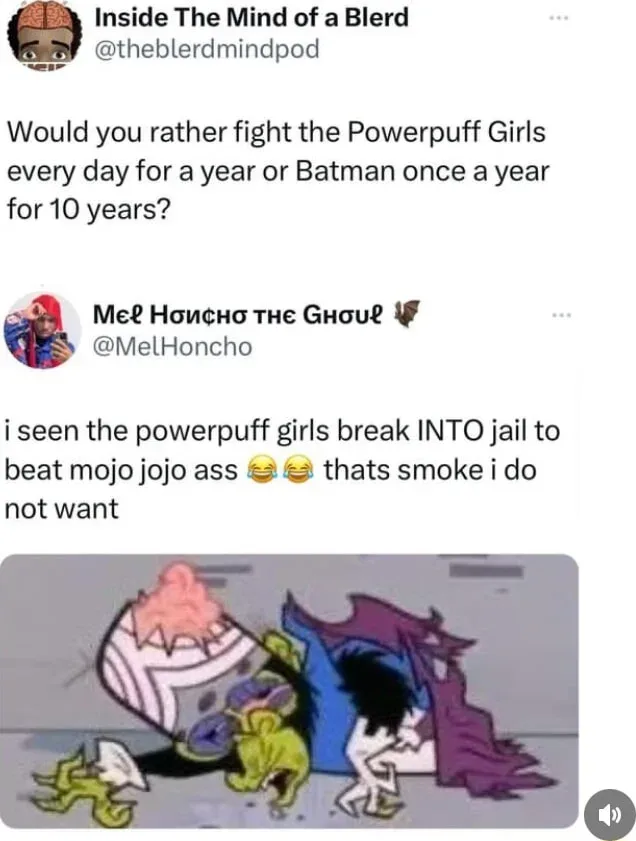 A screenshot of a Twitter thread shows a user posing a hypothetical fight choice between the Powerpuff Girls and Batman. The…