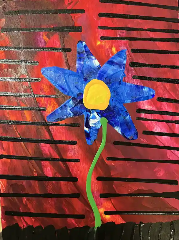 A vibrant painting depicts a single blue flower with a yellow center and green stem, set against a fiery red and orange…