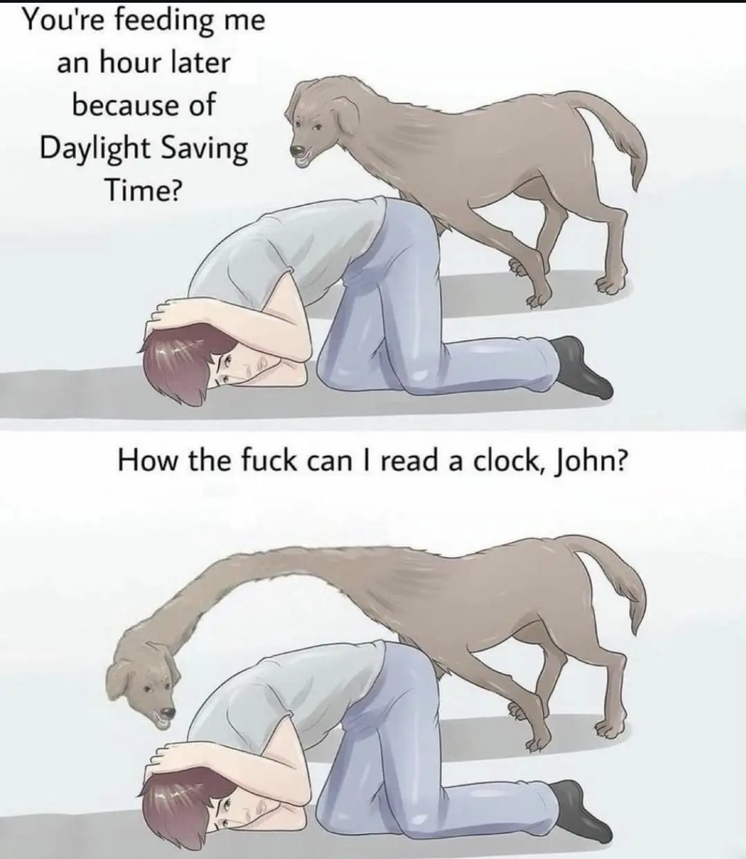 A two-panel cartoon depicts a person kneeling on the floor with their head in their hands, looking frustrated. In the top…